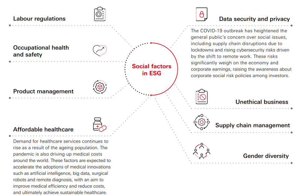Social factors in ESG include labour regulations, occupational health and safety, product management, affordable healthcare, data security and privacy, unethical business, supply chain management, and gender diversity, etc. 