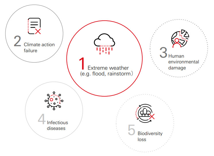 The top 5 risks affecting the economy are extreme weather (e.g. flood, rainstorm), climate action failure, human environmental damage, infectious diseases and biodiversity loss. 