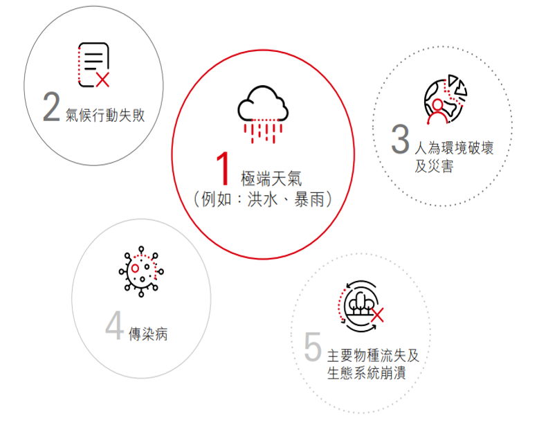 影響經濟的五大風險包括﹕極端天氣（例如﹕洪水、暴雨）、氣候行動失敗、人為環境破壞及災害、傳染病、主要物種流失及生態系統崩潰。