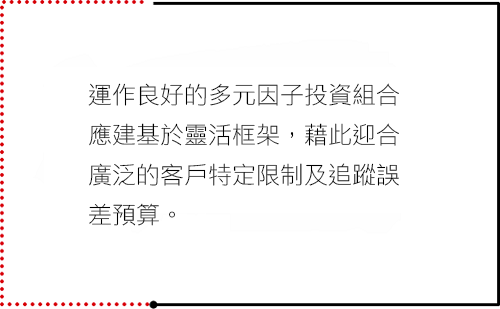 運作良好的多元因子投資組合應建基於靈活框架，藉此迎合廣泛的客戶特定限制及追蹤誤差預算。